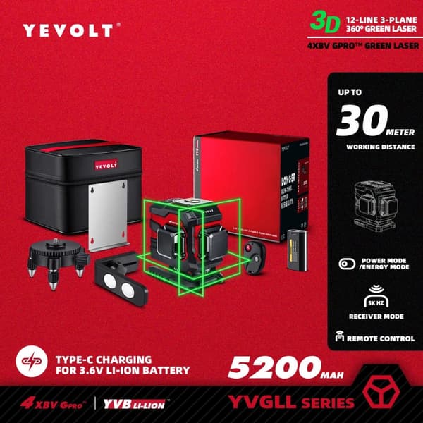 Grøn Laser Niveau, 12-Linjers Måling, 30m Arbejdsområde, IP54 Klassificeret,YVGLL4XS12TB1P5x1