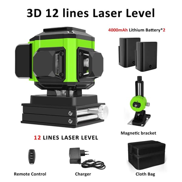 Laser Niveau, 12 Linjer (3D), Selv-niveauerende, Grøn Laserstråle,IE12S