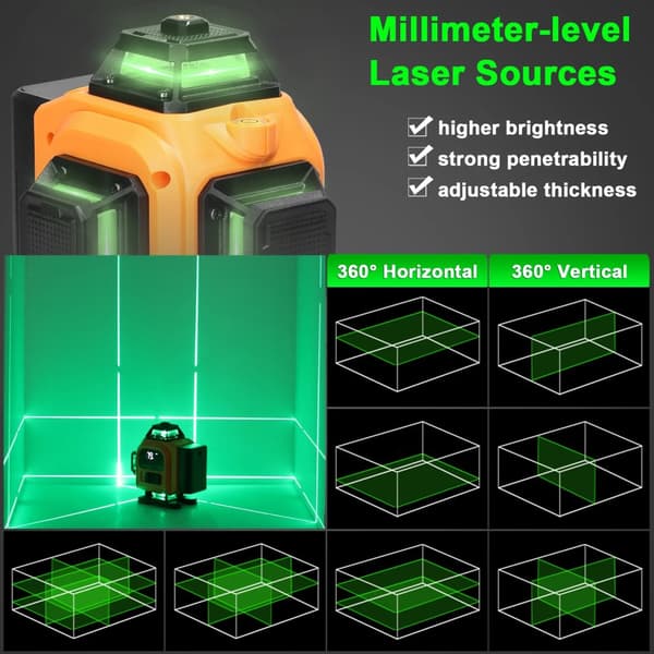 Monitoiminen laseritaso, 16 viivaa, ladattava, vedenkestävä,Oranssi