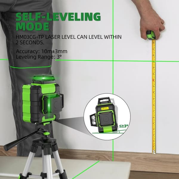 12-linjers 3D krysslinje grön lasernivå med stativ/detektor/elektronisk linjal/fäste, dubbelt läge och automatisk nivellering