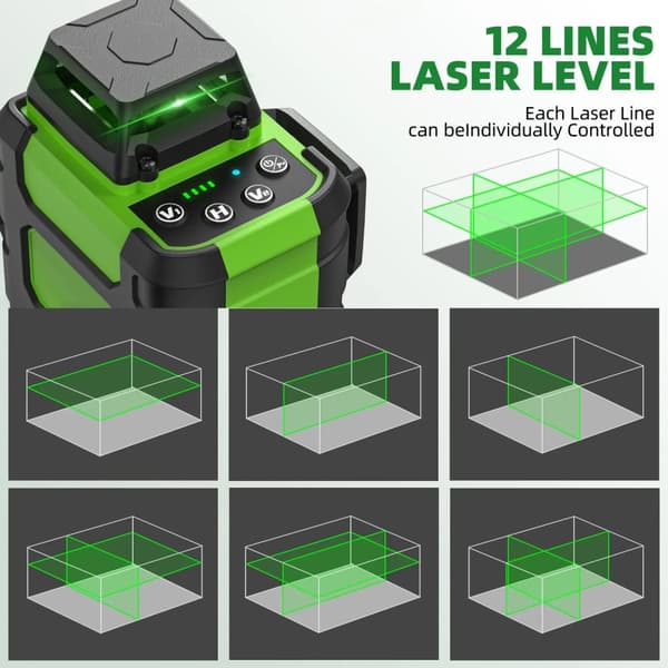 12-linjers 3D krysslinje grön lasernivå med stativ/detektor/elektronisk linjal/fäste, dubbelt läge och automatisk nivellering