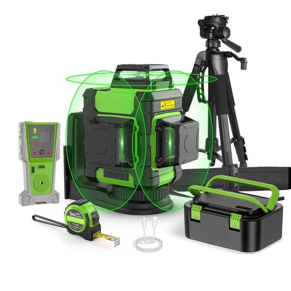 12-linjers 3D krysslinje grön lasernivå med stativ/detektor/elektronisk linjal/fäste, dubbelt läge och automatisk nivellering