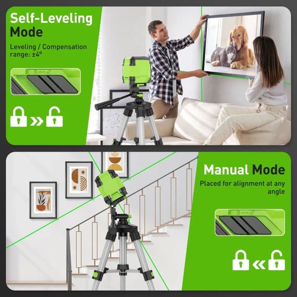 2-linjers horisontell och vertikal korslinje grön lasernivå med 0,65 m stativ, självnivellerande, hög precision