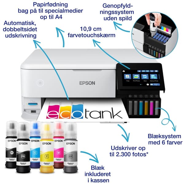 Epson EcoTank ET-8500, Mustesuihku, Väritulostus, 5760 x 1440 DPI, A4, Suoratulostus, Valkoinen
