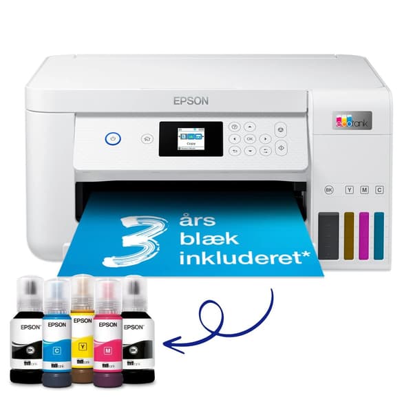 Epson EcoTank ET-2856 - Multifunksjonsskriver - farge - ink-jet - påfyllbar - A4 (medie) - opp til 10.5 spm (trykking) - 100 ark - Wi-Fi, USB - hvit Hvit