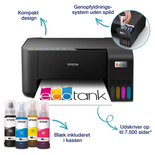 Epson EcoTank ET-2860 - Multifunksjonsskriver - farge - ink-jet - ITS - A4 (medie) - opp til 10 spm (trykking) - 100 ark - Wi-Fi, USB - svart