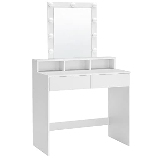 RDT114W01 Sminkbord med spegel och glödlampor, sminkbord med 2 lådor och 3 öppna fack, sminkbord, modernt, vitt