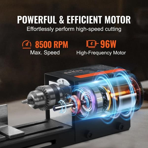 96W 8500RPM 7-tums mini träsvarvmaskin med omfattande tillbehör, 7 hastigheter, kraftfull motor, robust och stabil