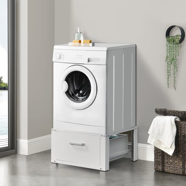 [en.casa]® Tvättmaskinstativ-Förhöjningssockel-med utdragbar låda-63x54x31cm-stål-vit-max150kg