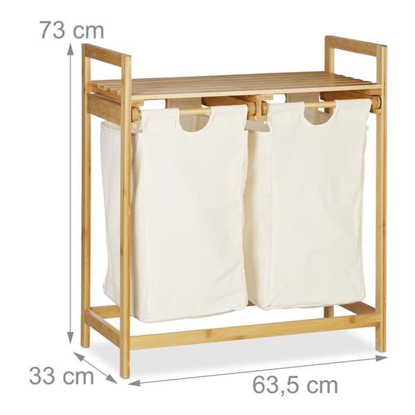 Relaxdays Tvättkorg bambu 2 tvättpåsar 2 fack förvaring korg för tvätt, 60 L, natur