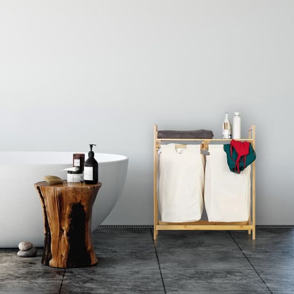 Relaxdays Tvättkorg bambu 2 tvättpåsar 2 fack förvaring korg för tvätt, 60 L, natur