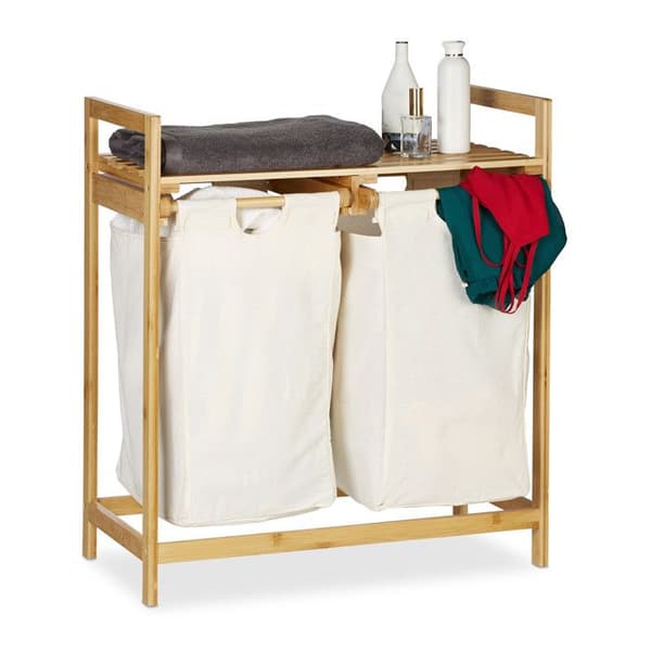 Relaxdays Tvättkorg bambu 2 tvättpåsar 2 fack förvaring korg för tvätt, 60 L, natur