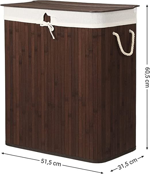Bambu tvättkorg - tvättställ med 2 fack - bricka - med lock - 100 l