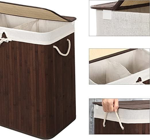 Bambu tvättkorg - tvättställ med 2 fack - bricka - med lock - 100 l
