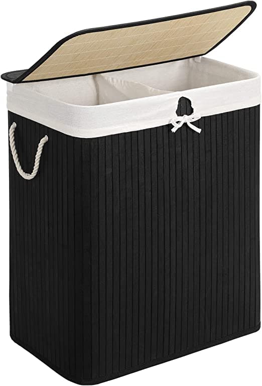 Bambu tvättkorg - tvättställ med 2 fack - bricka - med lock - 100 l