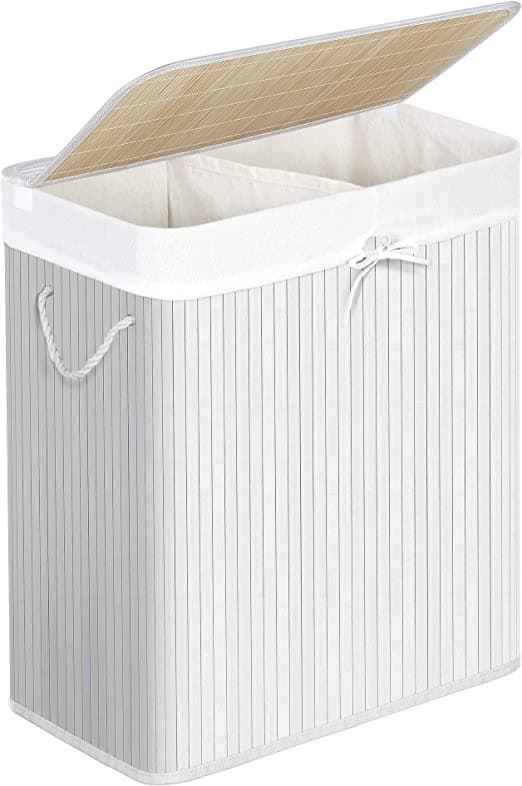 Bambu tvättkorg - tvättställ med 2 fack - bricka - med lock - 100 l