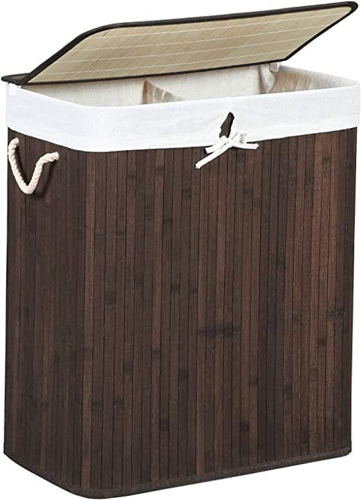 Bambu tvättkorg - tvättställ med 2 fack - bricka - med lock - 100 l