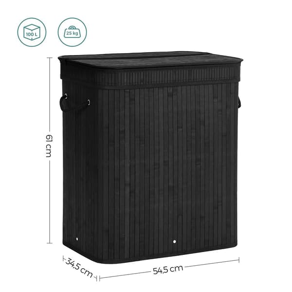 Bambu tvättkorg - tvättställ med 2 fack - bricka - med lock - 100 l