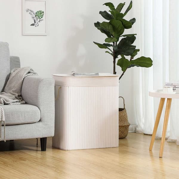 Bambu tvättkorg - tvättställ med 2 fack - bricka - med lock - 100 l