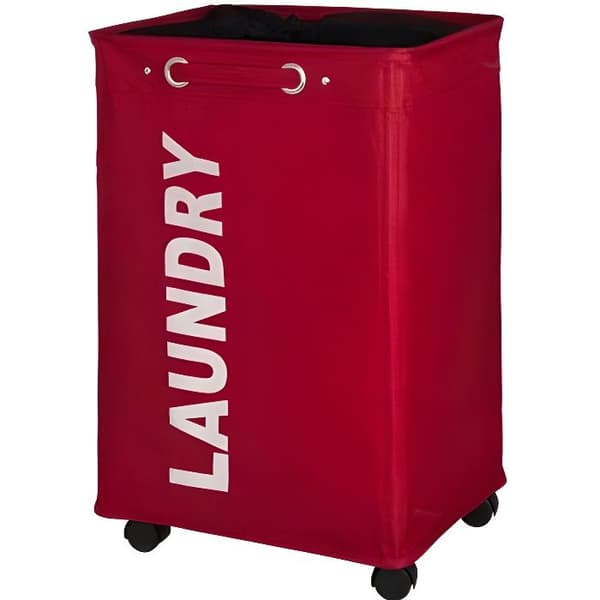 WENKO Tvättkorg Quadro "Laundry", Tvättkorg med hjul och bärhandtag, Kapacitet 79L, Polyester, röd