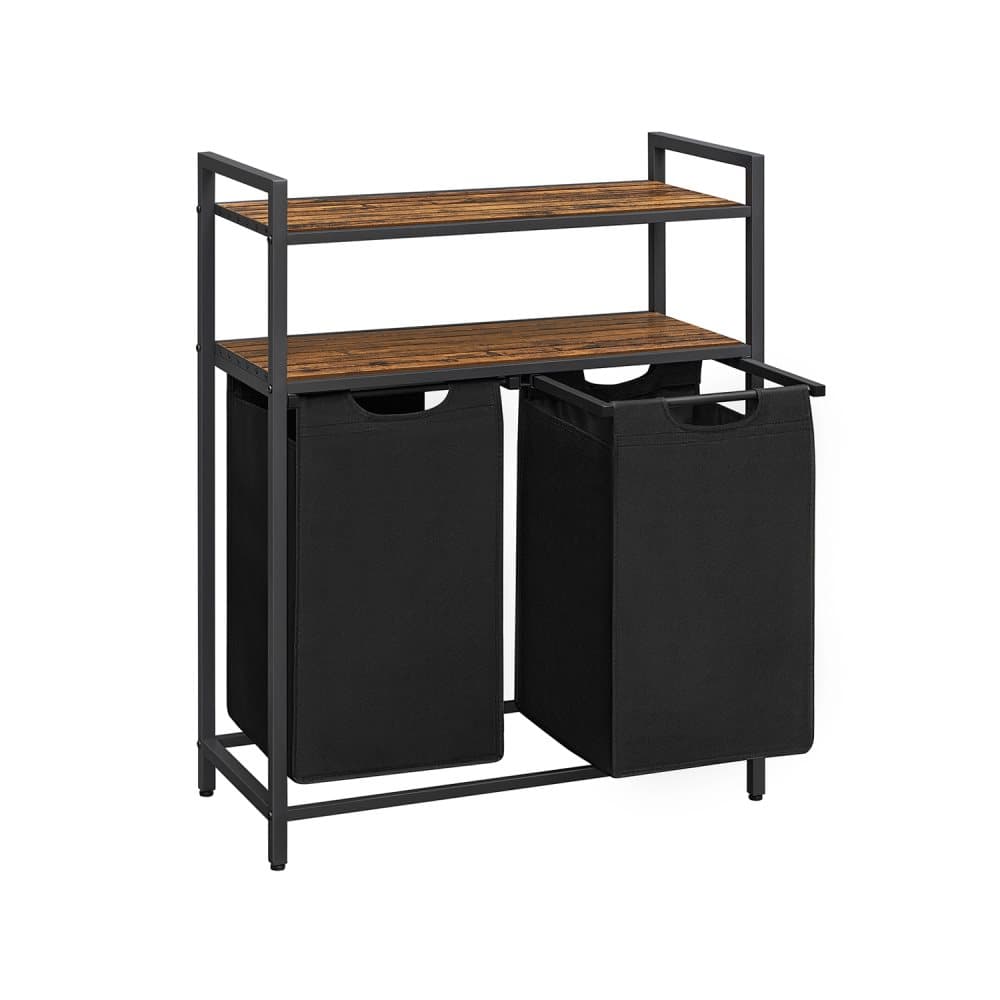 Segenn's Wizz XXL Tvättsorterare - tvättkorg 2 fack och 2 hyllor - vit uppsamlare - metallram -2 x 46 liter - vintage brun-svart - 73 x 33 x 91 cm