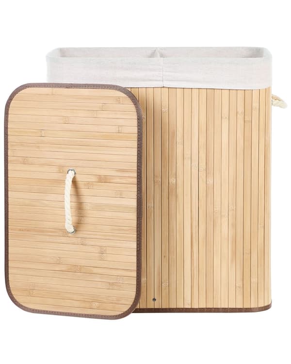 Kori vaalea puu 50 x 60 x 30 cm bambu irrotettava sisäkangas kannellinen kaksiosainen boho