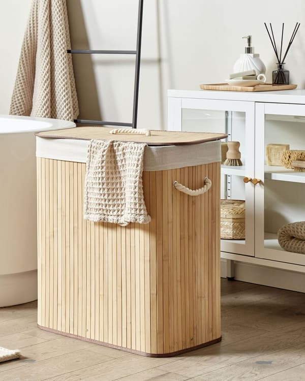 Kori vaalea puu 50 x 60 x 30 cm bambu irrotettava sisäkangas kannellinen kaksiosainen boho