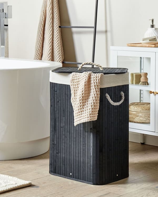 Förvaringskorg Svart Bambu med Lock Tvättkorg Boho Praktiska tillbehör Sovrum Vardagsrum