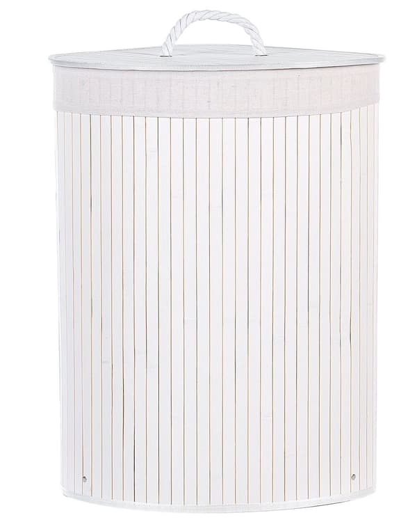 Säilytyskori valkoinen bambu kannella 60 cm korkea pyykkikori boho-tyyli
