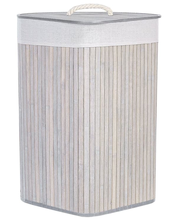 Säilytyskori vaaleanharmaa bambu kannella 60 cm korkea pyykkikori boho-tyyli