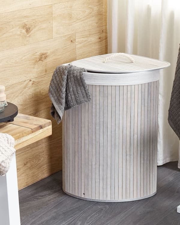 Säilytyskori vaaleanharmaa bambu kannella 60 cm korkea pyykkikori boho-tyyli