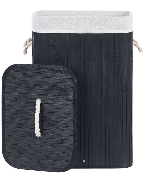 Säilytyskori musta bambu kannella korkea pyykkikori sisäverhoilulla boho-tyyli