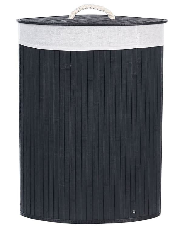Säilytyskori musta bambu kannella 60 cm korkea pyykkikori boho-tyyli