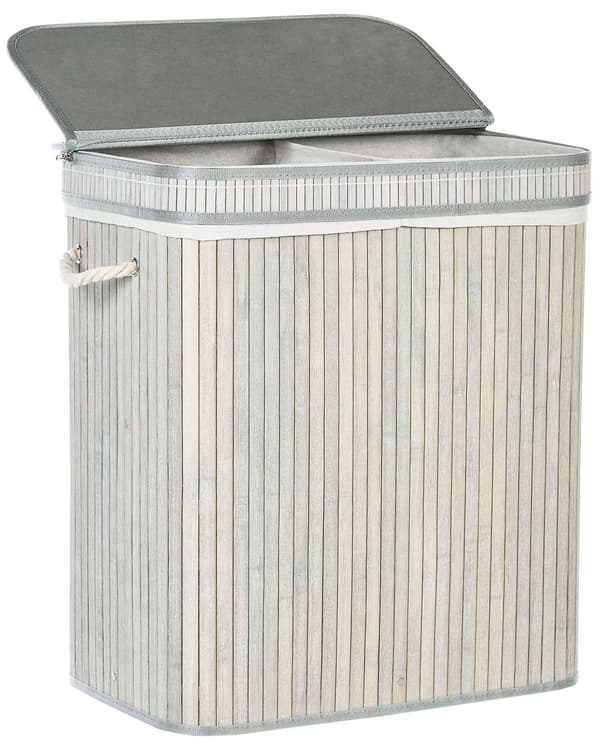 Kurv Grå Bambus 60 cm Lokk med glidelås Håndtak 2 rom Boho Oppbevaring Skittentøyskurv Praktisk Tilbehør