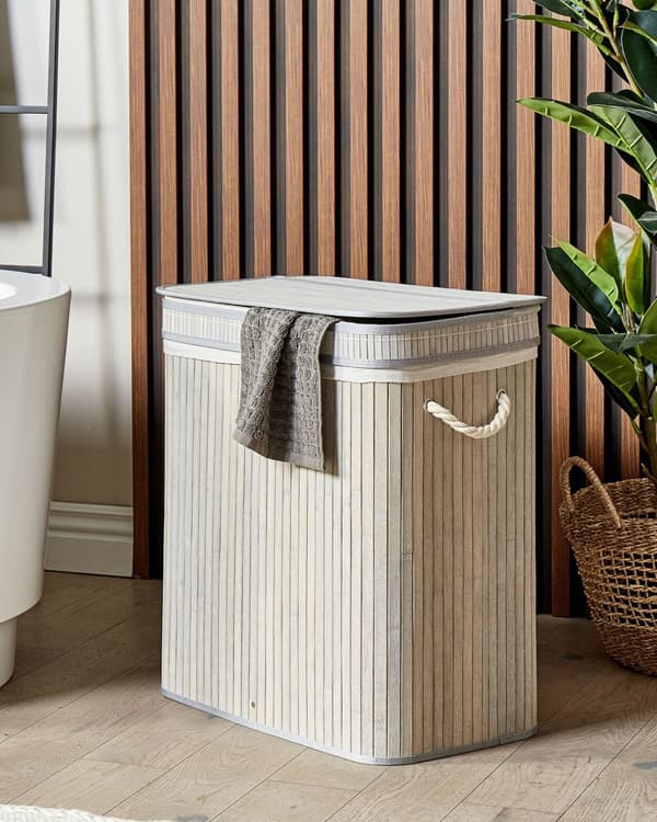 Kurv Grå Bambus 60 cm Lokk med glidelås Håndtak 2 rom Boho Oppbevaring Skittentøyskurv Praktisk Tilbehør
