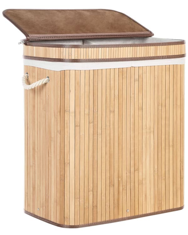 Kurv Lyst tre Bambus 60 cm Lokk med glidelås Håndtak 2 rom Boho Oppbevaring Skittentøyskurv Praktisk Tilbehør