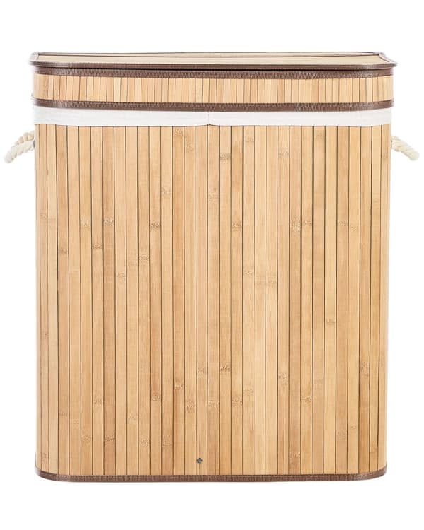 Kurv Lyst tre Bambus 60 cm Lokk med glidelås Håndtak 2 rom Boho Oppbevaring Skittentøyskurv Praktisk Tilbehør
