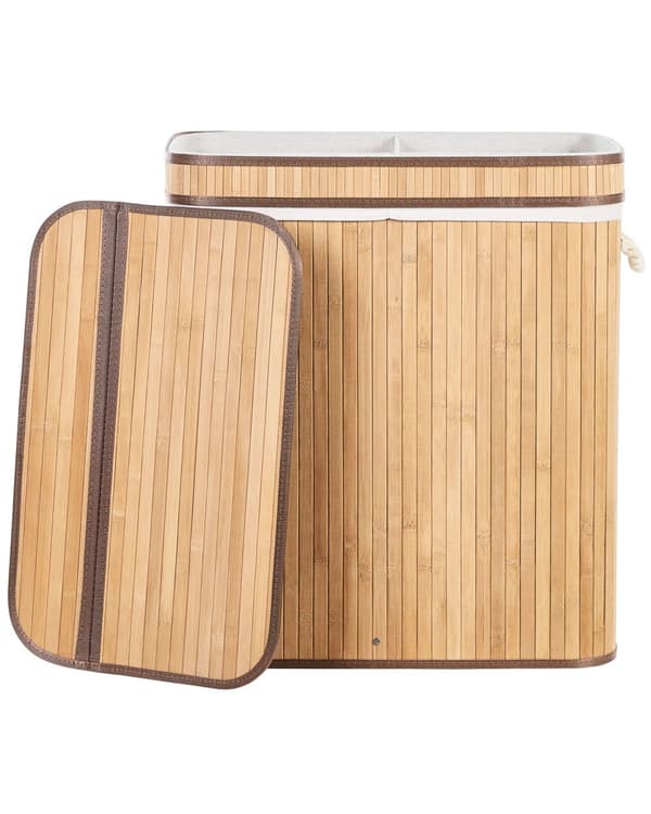 Kurv Lyst tre Bambus 60 cm Lokk med glidelås Håndtak 2 rom Boho Oppbevaring Skittentøyskurv Praktisk Tilbehør