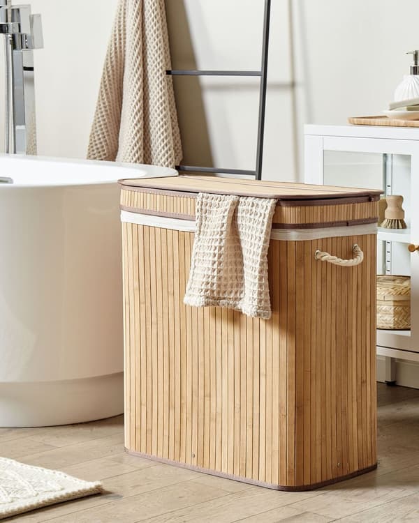 Kurv Lyst tre Bambus 60 cm Lokk med glidelås Håndtak 2 rom Boho Oppbevaring Skittentøyskurv Praktisk Tilbehør