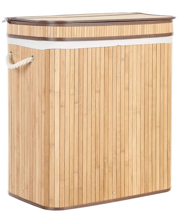Kurv Lyst tre Bambus 60 cm Lokk med glidelås Håndtak 2 rom Boho Oppbevaring Skittentøyskurv Praktisk Tilbehør
