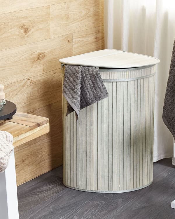 Kurv Grå Bambus 60 cm Lokk Håndtak 2 rom Boho Oppbevaring Skittentøyskurv Hjørnekurv Praktisk Tilbehør