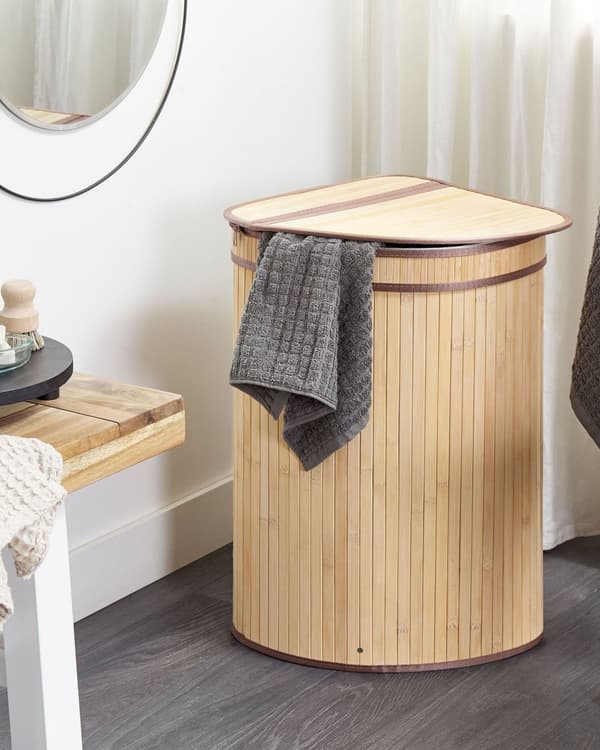 Kurv Lyst tre Bambus 60 cm Lokk Håndtak 2 rom Boho Oppbevaring Skittentøyskurv Hjørnekurv Praktisk Tilbehør