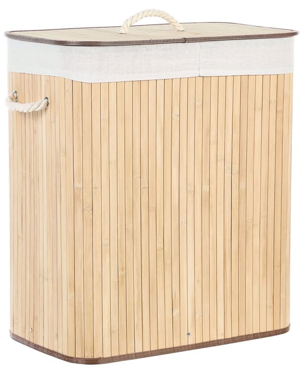 Kurv Lyst tre Bambus 60 cm Lokk Håndtak 2 rom Boho Oppbevaring Skittentøyskurv Praktisk Tilbehør