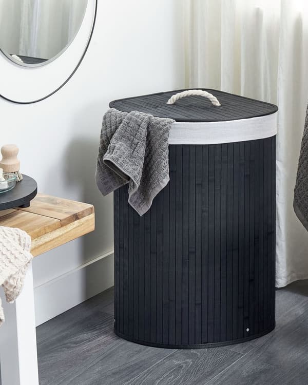 Kurv Svart Bambus 60 cm Med lokk Boho Oppbevaring Skittentøyskurv Praktisk Tilbehør