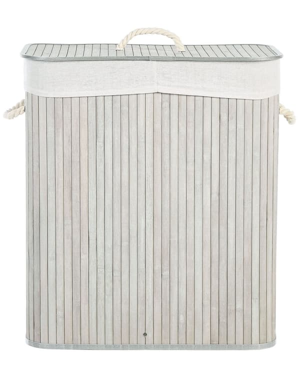Kurv Grå Bambus 60 cm Lokk Håndtak 2 rom Boho Oppbevaring Skittentøyskurv Praktisk Tilbehør
