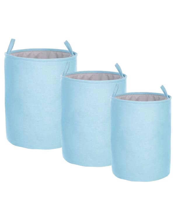 Sæt med 3 Opbevaringskurve Blå Polyester Bomuld med Snøredæksel Vasketøjsbeholder Praktisk Tilbehør