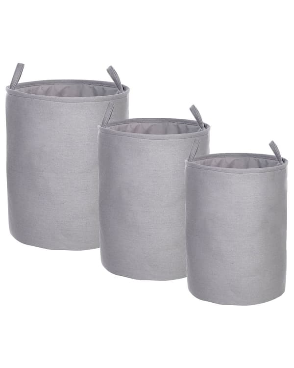 Set med 3 Förvaringskorgar Grå Polyester Bomull med Snören Tvättkorg Praktiskt Tillbehör