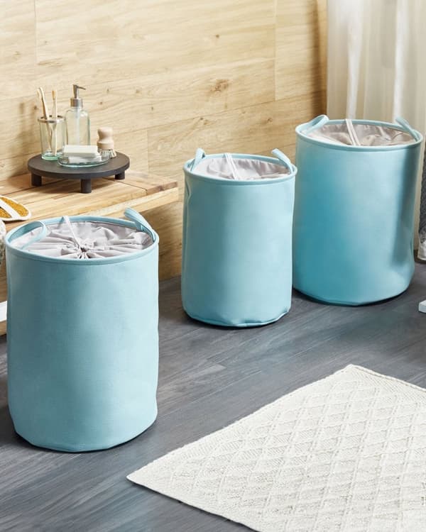 Set med 3 Förvaringskorgar Blå Polyester Bomull med Snören Tvättkorg Praktiskt Tillbehör