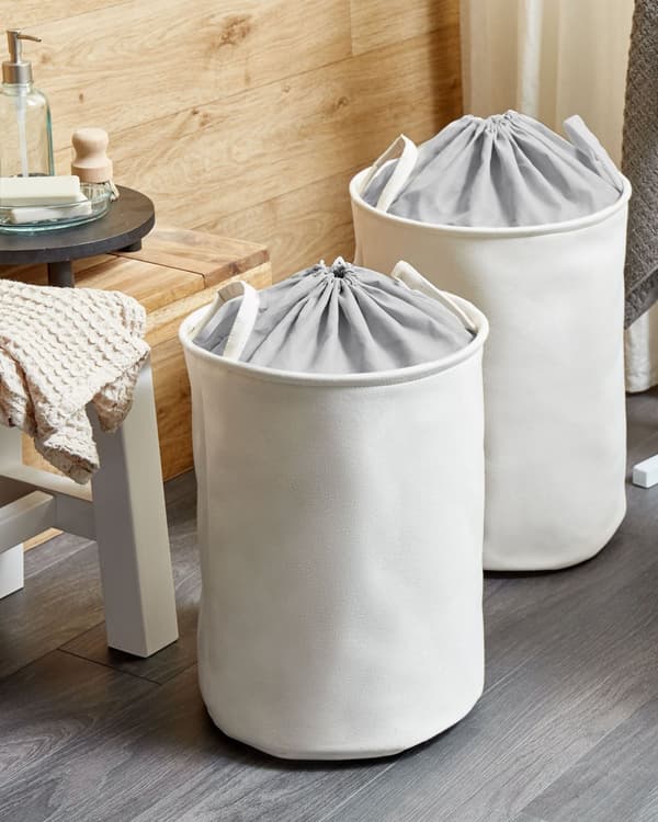 Set med 2 Förvaringskorgar Vit Polyester Bomull med Snören Tvättkorg Praktiskt Tillbehör
