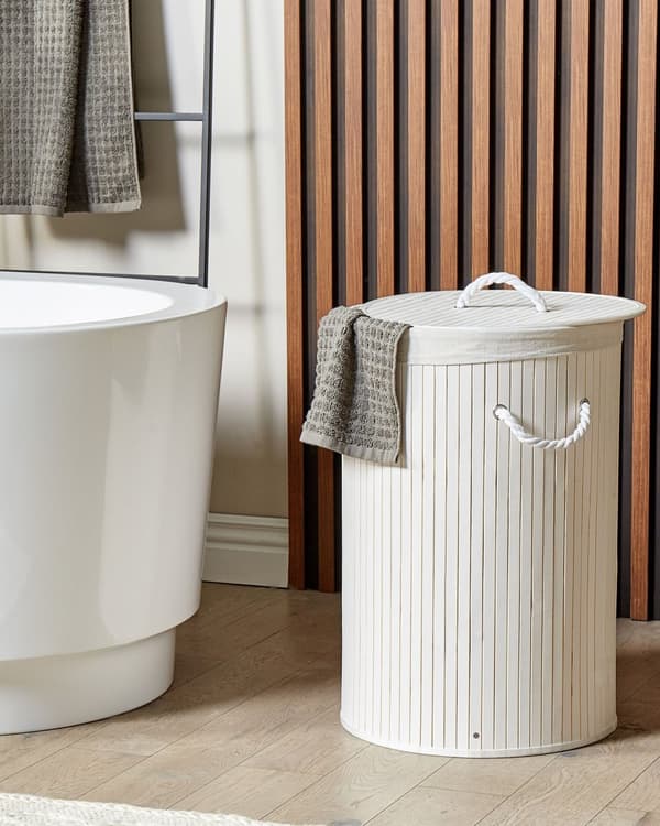 Vasketøjskurv Hvid Bambus Polyester Indsats Med Aftageligt Låg Håndtag Moderne Design Multifunktionel